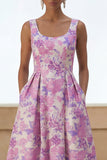 Lilac Flower Printed Curved Square Neck A Line Midi Dress