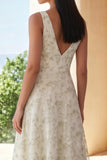 Light Green Appliqued V Neck A Line Midi Dress