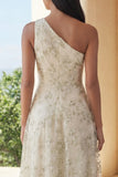 Light Green Appliqued One Shoulder A Line Midi Dress