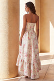 White Pink Flower Printed Strapless A Line Midi Dress with Ruffles