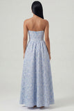 Blue Jacquard Corset Strapless A Line Midi Dress