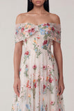 Black Off the Shoulder Appliqued A Line Tulle Midi Dress