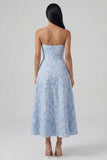 Blue Strapless Jacquard Ruched A Line Midi Dress with Slit