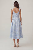 Blue Jacquard V Neck Ruched A Line Midi Dress