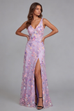 Lilac Flower Appliqued V Neck A Line Midi Dress with Slit