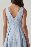 Blue V Neck Jacquard Ruched A Line Midi Dress