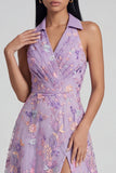 Lilac Flower Appliqued V Neck A Line Sleeveless Midi Dress with Slit