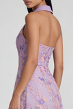 Lilac Flower Appliqued V Neck A Line Sleeveless Midi Dress with Slit