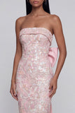Appliqued Bowknot Pink Strapless Sheath Midi Dress with Back Slit