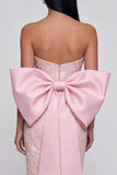 Sparkly Pink Strapless Appliqued Sheath Midi Dress with Bowknot