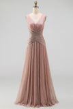 Dusty Rose V Neck A Line Pleated Long Formal Dress