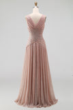 Dusty Rose V Neck A Line Pleated Long Formal Dress