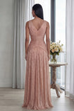Dusty Rose V Neck A Line Pleated Long Formal Dress