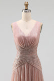 Dusty Rose V Neck A Line Pleated Long Formal Dress