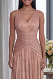 Dusty Rose V Neck A Line Pleated Long Formal Dress