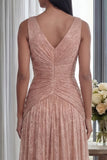 Dusty Rose V Neck A Line Pleated Long Formal Dress