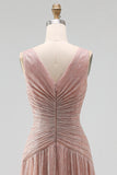 Dusty Rose V Neck A Line Pleated Long Formal Dress