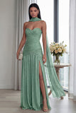 Dusty Sage Strapless A Line Pleated Long Formal Dress with Slit