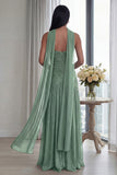 Dusty Sage Strapless A Line Pleated Long Formal Dress with Slit