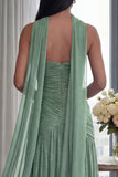 Dusty Sage Strapless A Line Pleated Long Formal Dress with Slit