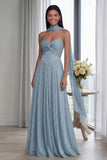 Sky Blue Strapless A Line Pleated Long Formal Dress with Ribbon