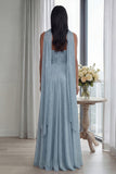 Sky Blue Strapless A Line Pleated Long Formal Dress with Ribbon