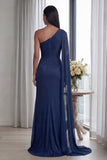 Navy One Shoulder Sheath Ruched Long Formal Dress with Ribbon