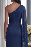 Navy One Shoulder Sheath Ruched Long Formal Dress with Ribbon