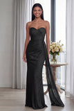 Back Strapless Sheath Ruched Long Formal Dress with Ribbon