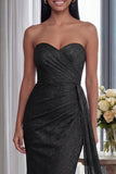 Back Strapless Sheath Ruched Long Formal Dress with Ribbon