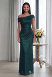 Dark Green Off the Shoulder Sheath Ruched Long Formal Dress with Back Zipper