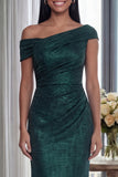 Dark Green Off the Shoulder Sheath Ruched Long Formal Dress with Back Zipper