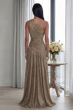 Golden One Shoulder Pleated A Line Long Formal Dress with Slit