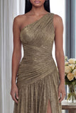 Golden One Shoulder Pleated A Line Long Formal Dress with Slit
