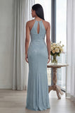 Sparkly Sky Blue Halter Sheath Long Formal Dress