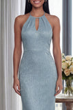 Sparkly Sky Blue Halter Sheath Long Formal Dress