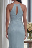 Sparkly Sky Blue Halter Sheath Long Formal Dress