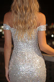 Sparkly Silver Off the Shoulder Tight Short Sequins Cocktail Dress