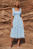 Sky Blue A Line Floral Beaded Sparkly Long Wedding Guest Dress with Bows