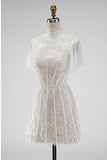 White A Line High Neck Short Wedding Dress with Flutter Sleeves
