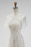 White A Line High Neck Short Wedding Dress with Flutter Sleeves