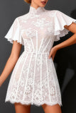 White A Line High Neck Short Wedding Dress with Flutter Sleeves