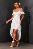 Off The Shoulder White Lace Corset High-Low A Line Wedding Dress