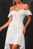 Off The Shoulder White Lace Corset High-Low A Line Wedding Dress