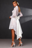 White Lace A Line Long Sleeves High-Low Wedding Dress with Bow