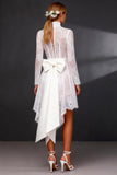 White Lace A Line Long Sleeves High-Low Wedding Dress with Bow
