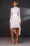 White Lace A Line Long Sleeves High-Low Wedding Dress with Bow