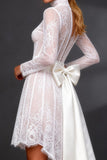 White Lace A Line Long Sleeves High-Low Wedding Dress with Bow