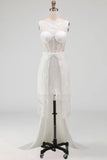 White A Line Corset Lace Midi Wedding Dress with Cape