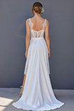 White A Line Corset Lace Midi Wedding Dress with Cape